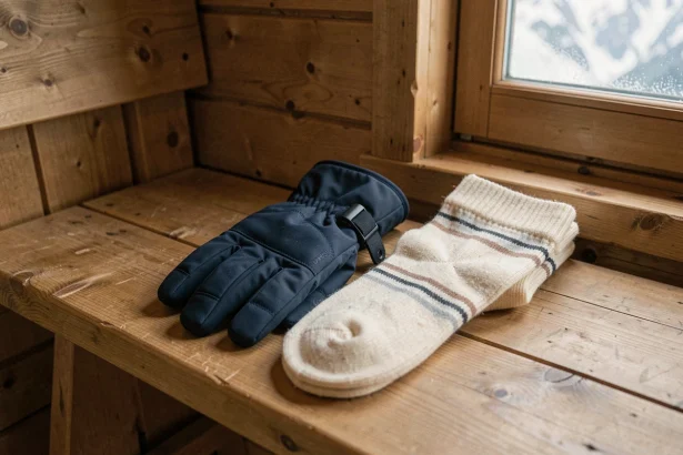 Gants de ski imperméables et chaussettes en laine mérinos posés sur un banc de chalet en bois