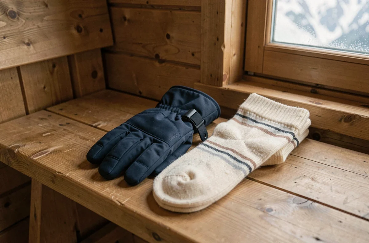 Gants de ski imperméables et chaussettes en laine mérinos posés sur un banc de chalet en bois