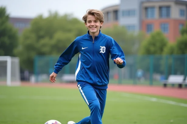 Jeune garçon souriant en tenue de sport dribblant un ballon de football