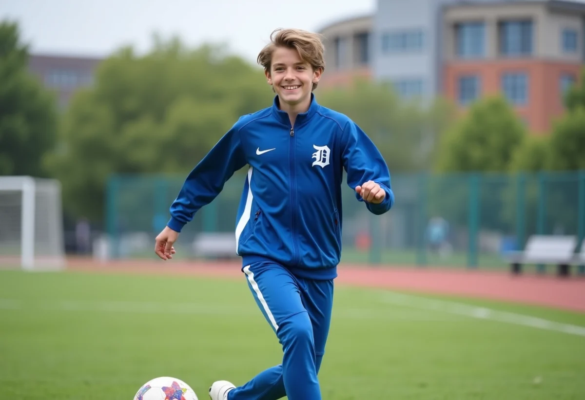 Jeune garçon souriant en tenue de sport dribblant un ballon de football