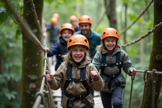 Familles s'amusant sur un parcours accrobranche en Bretagne