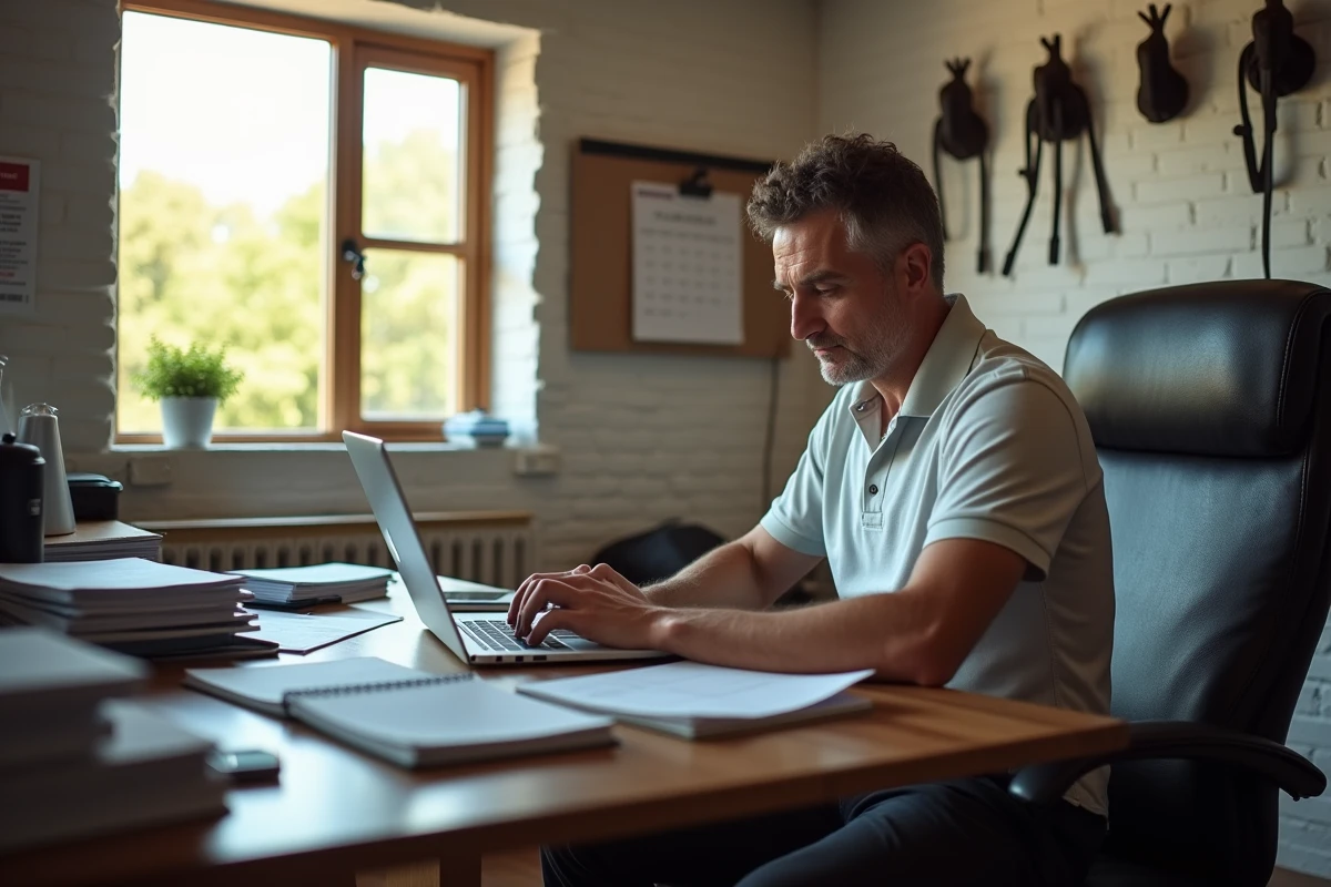 Homme adulte gérant un bureau dans une écurie en train de taper sur un ordinateur