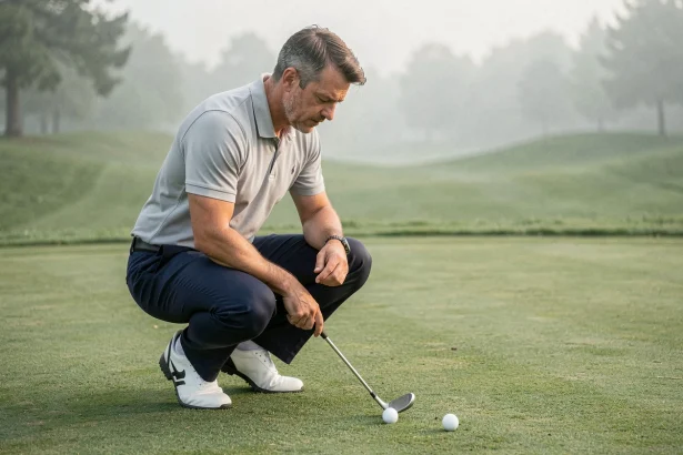 Golfeur analysant la position de sa balle sur le fairway pour choisir le bon wedge selon le parcours