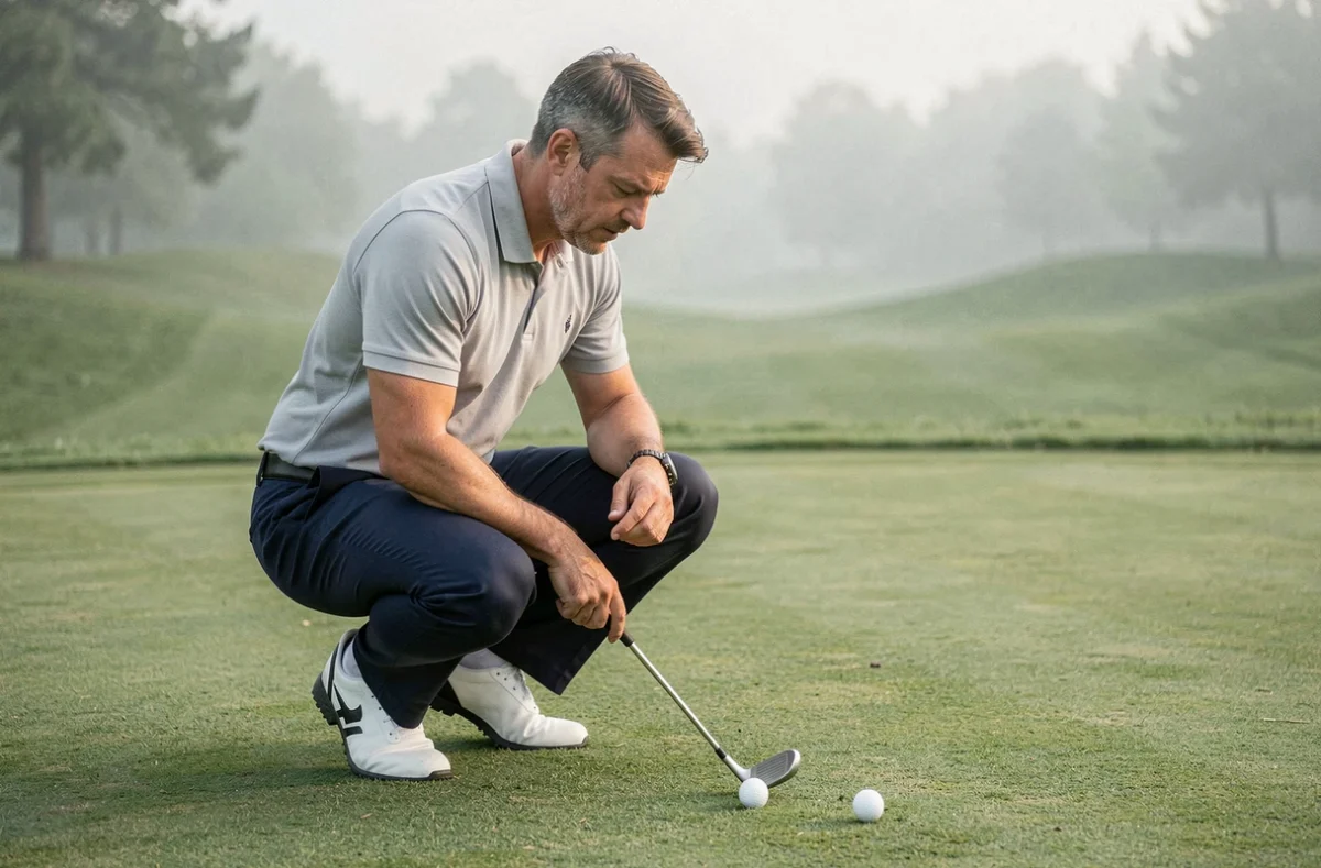 Golfeur analysant la position de sa balle sur le fairway pour choisir le bon wedge selon le parcours