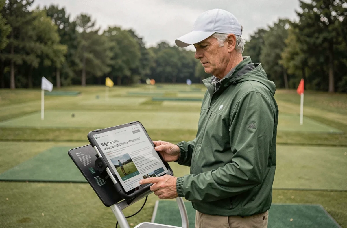 Golfeur senior consultant un blog de conseils sur le wedging et la stratégie de parcours sur une tablette au practice