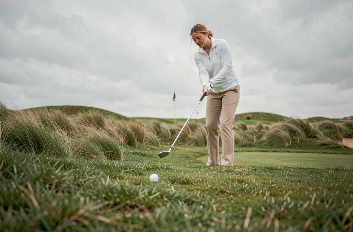 Golfeuse effectuant un chip shot au wedge depuis une position délicate près d'un bunker sur un links