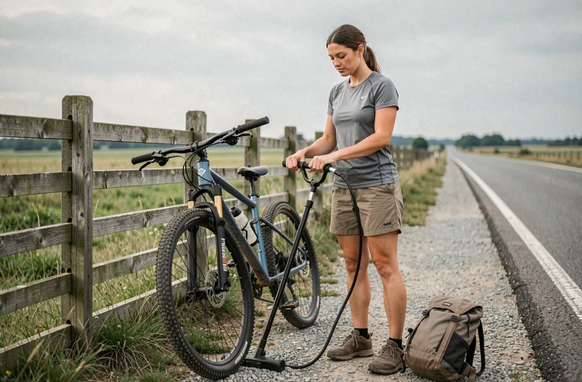 Cycliste VTT féminine gonflant ses pneus avec une pompe à pied sur une route de campagne avant une sortie sur asphalte