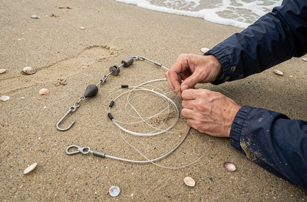 Gros plan des mains d'un pêcheur montant un bas de ligne surfcasting sur la plage, avec des émerillons snap et des hameçons illustrant les erreurs fréquentes de montage