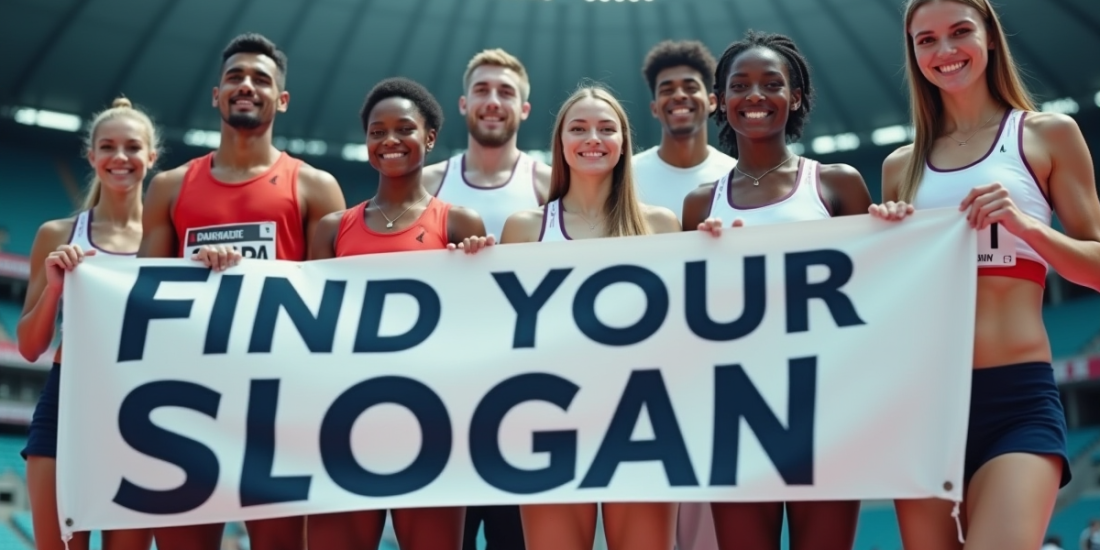 Groupe d'athletes dans un stade moderne avec bannière slogan