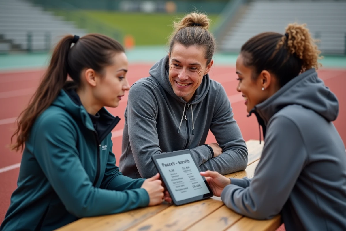 Groupe de coureurs discutant d'une table de conversion allure min/km et vitesse km/h autour d'une tablette sur une piste d'athlétisme