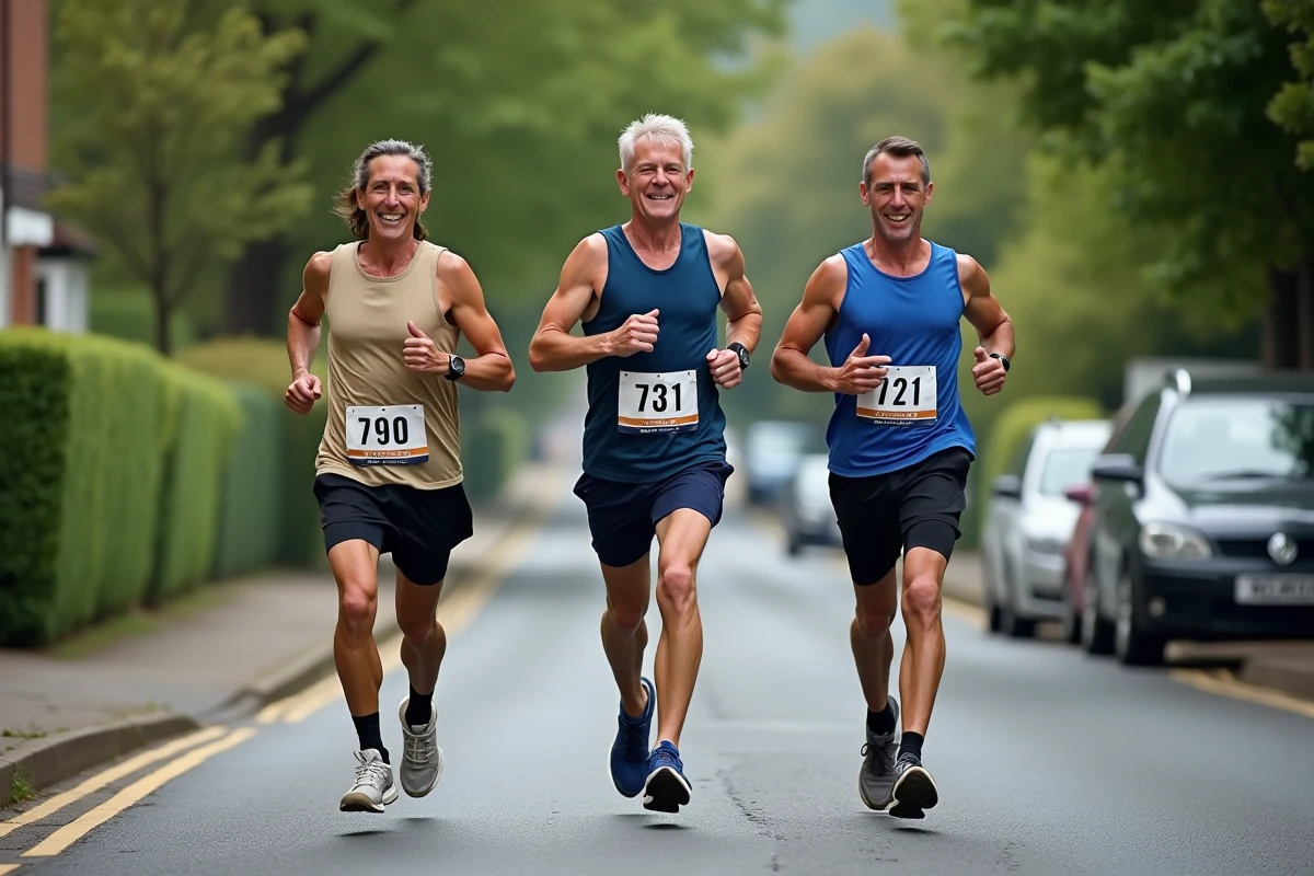 Groupe de coureurs amateurs en course marathon ensemble visant un objectif de 4 heures sur route