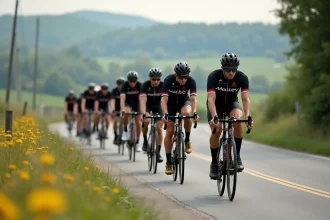 Groupe de cyclistes en formation sur route de campagne