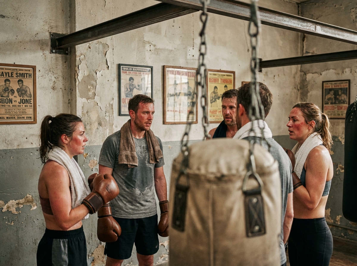 Groupe de débutants adultes en cours collectif de boxe autour d'un sac de frappe dans une salle de boxe authentique