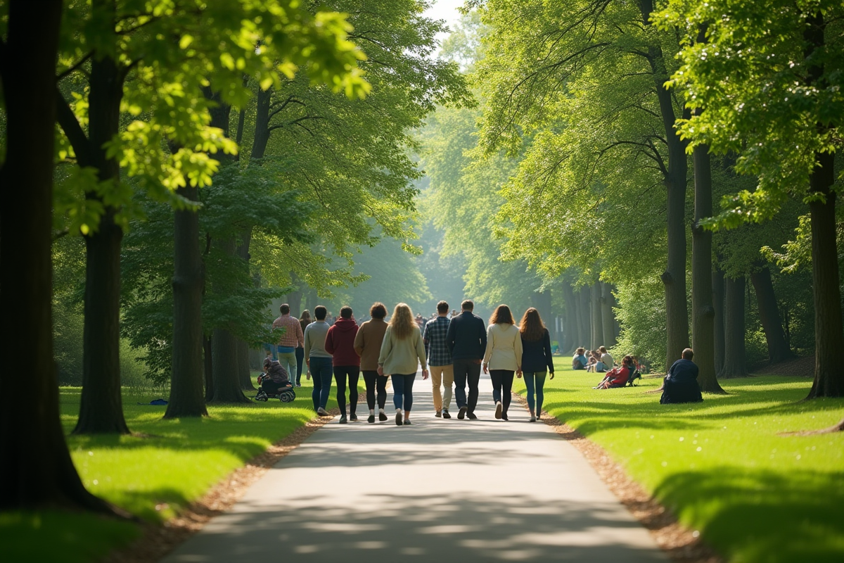 Groupe diversifié marchant dans un parc en plein jour