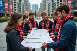 Groupe de personnes regardant un calendrier sportif 2026 en extérieur