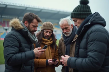 Groupe de fans surpris devant un stade moderne