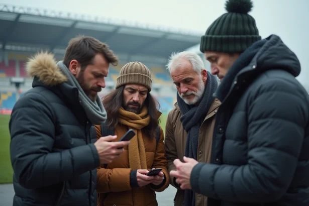 Groupe de fans surpris devant un stade moderne