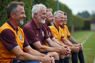 Groupe d'hommes en kits de football partageant un moment convivial en France