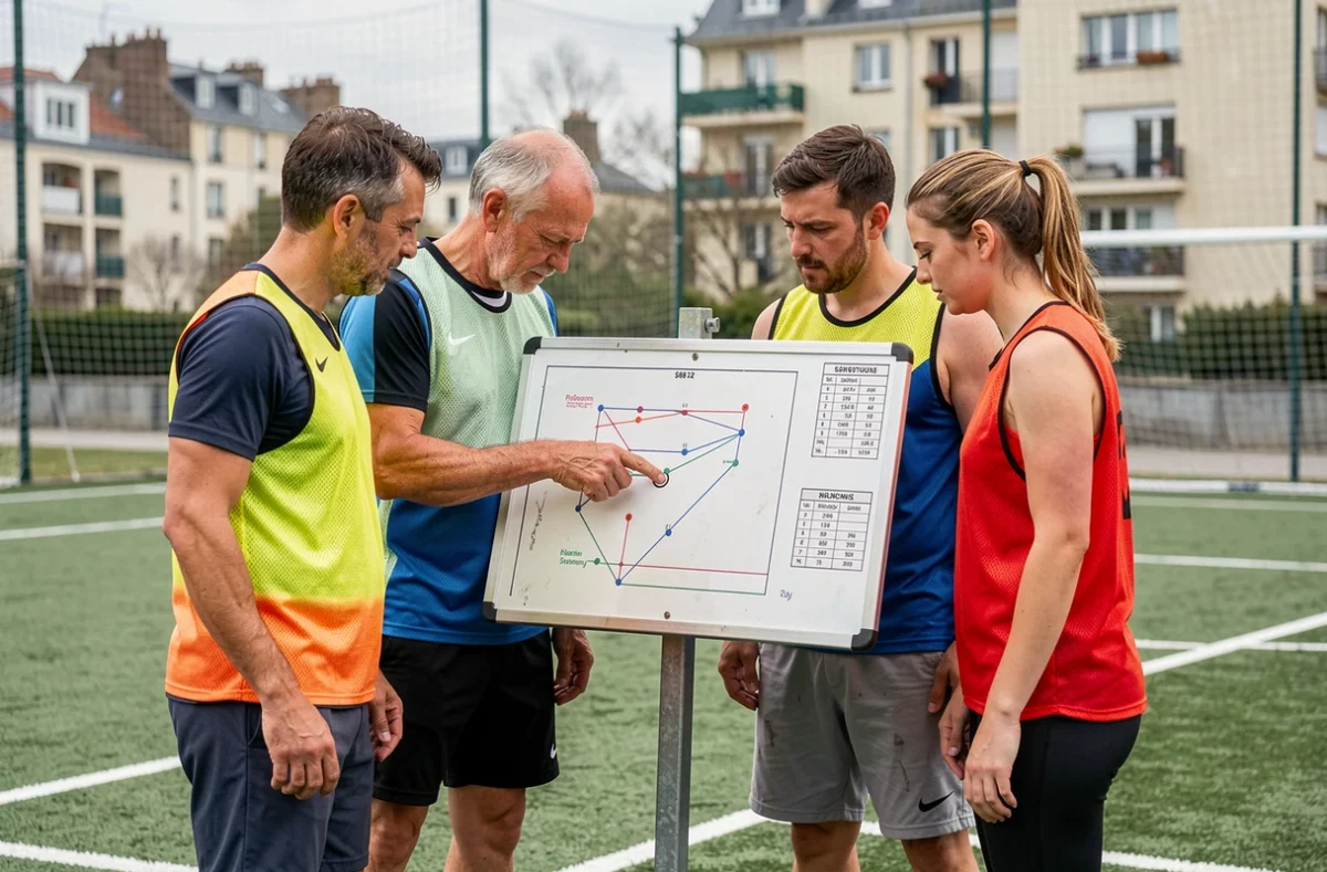 Groupe de joueurs amateurs adultes étudiant une tactique de football sur un terrain synthétique en banlieue parisienne