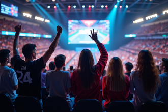 Jeunes spectateurs enthousiastes regardant un match esports en arena