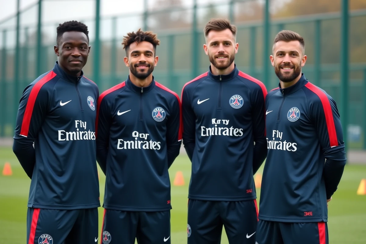 Groupe de joueurs du PSG lors d'une séance d'entraînement sur le terrain en 2026