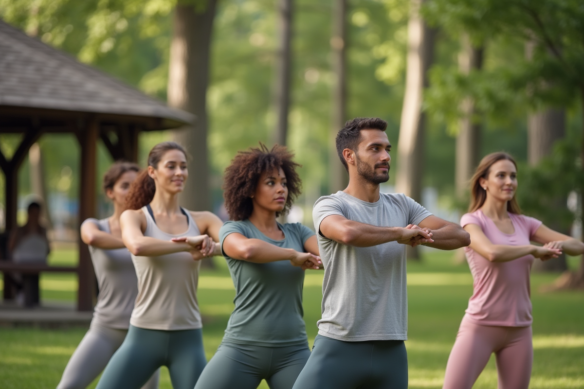 Groupe divers de jeunes en pilates en plein air