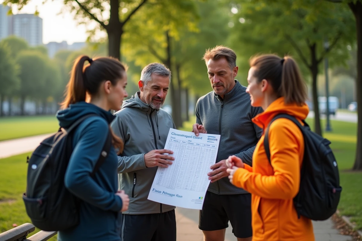 Groupe de coureurs préparant leur entraînement dans un parc