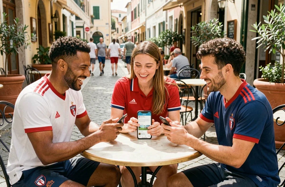 Groupe de supporters de l'AS Monaco discutant d'un forum de football autour d'une table de café en terrasse