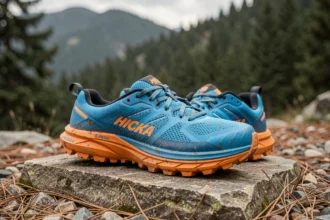 Chaussures de trail Hoka Speedgoat 6 posées sur un rocher en montagne, vue trois quarts mettant en valeur la semelle épaisse et les crampons