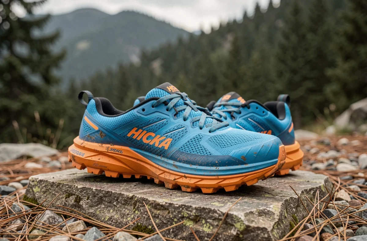 Chaussures de trail Hoka Speedgoat 6 posées sur un rocher en montagne, vue trois quarts mettant en valeur la semelle épaisse et les crampons