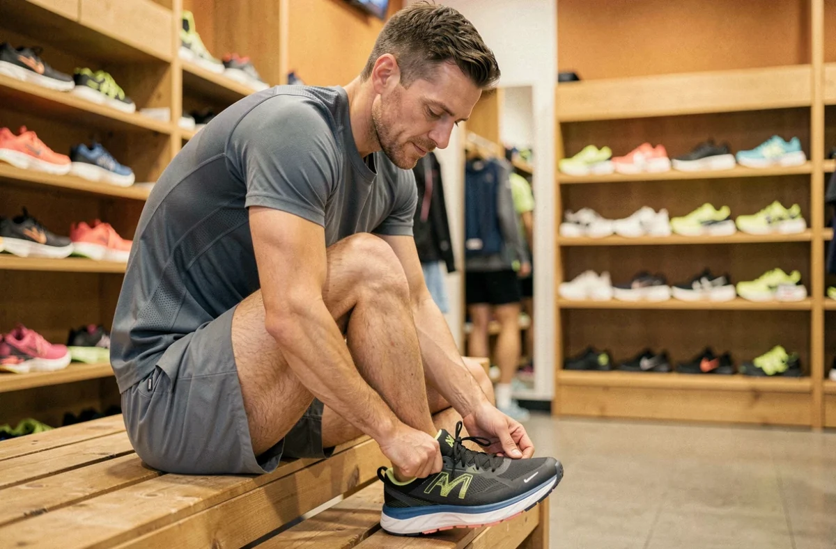 Coureur en magasin de sport essayant la Hoka Speedgoat 6, assis sur un banc et inspectant la chaussure de trail