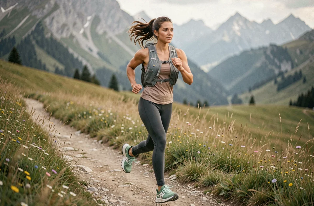 Femme en train de courir sur un sentier alpin avec des Hoka Speedgoat 6, vue en course capturant la semelle crantée et le paysage de montagne