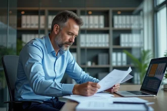 Homme d'affaires au bureau compare documents et écran