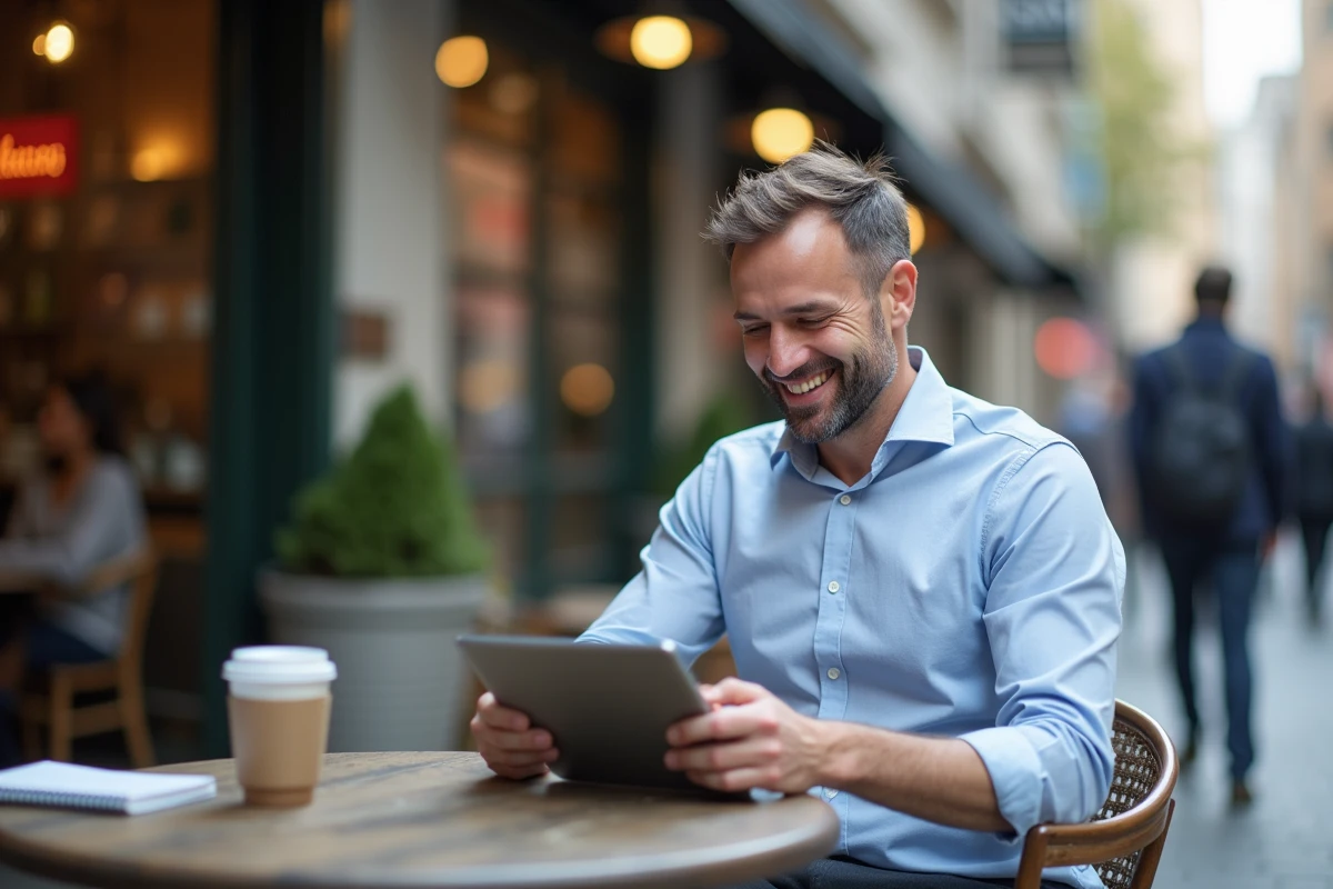 Homme au café naviguant sur une tablette