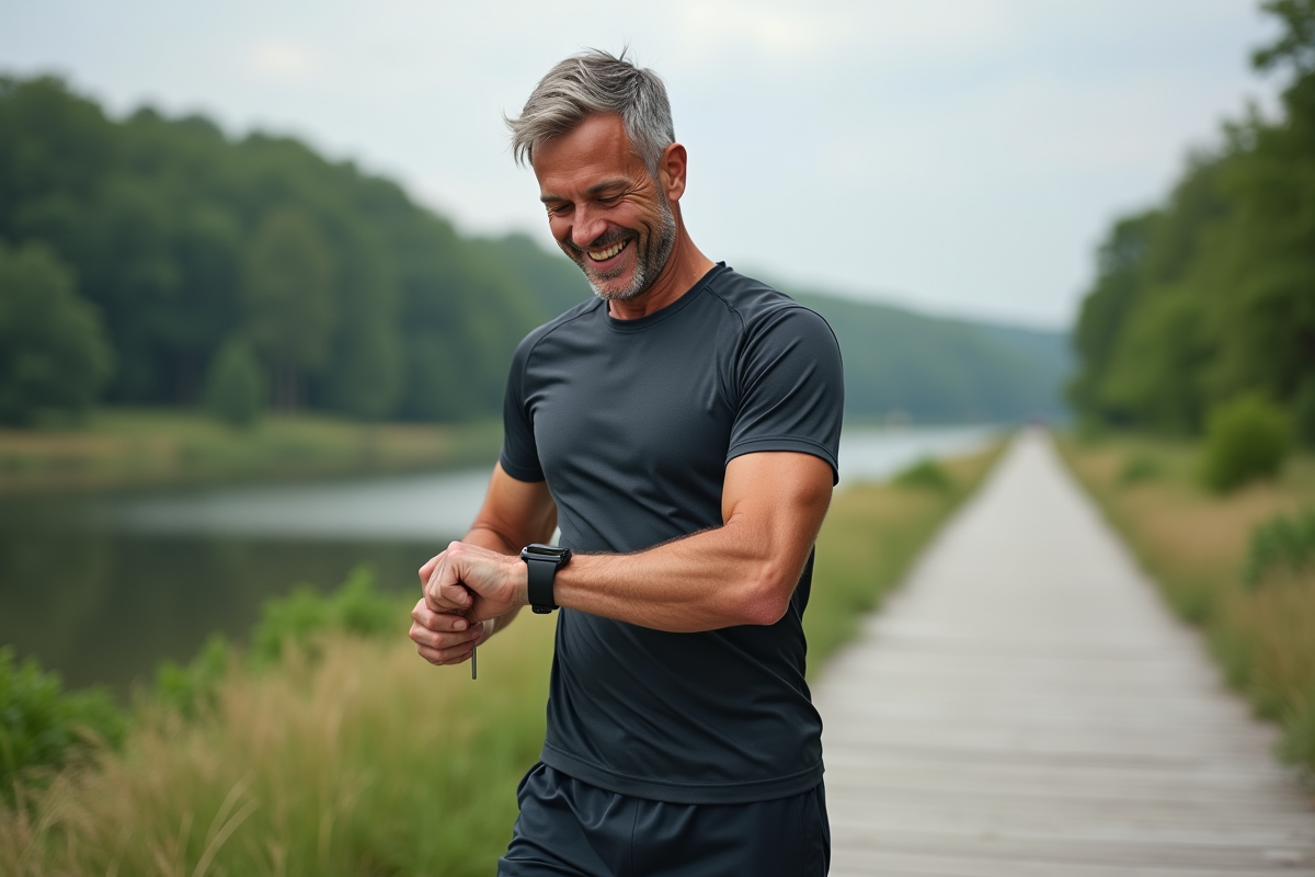 Homme vérifiant sa smartwatch après une course