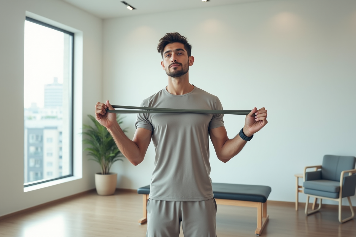 Jeune homme compare deux bandes de resistance dans une clinique moderne