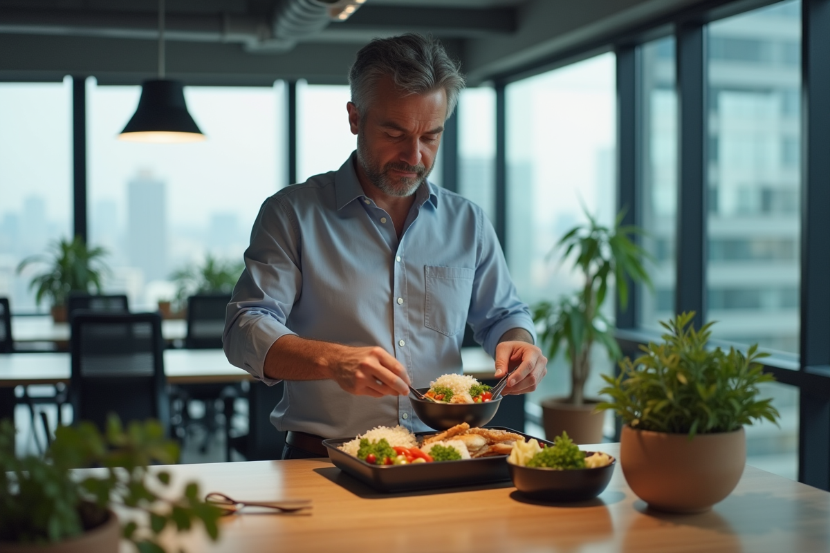 Homme organisant un repas dans une salle de pause moderne