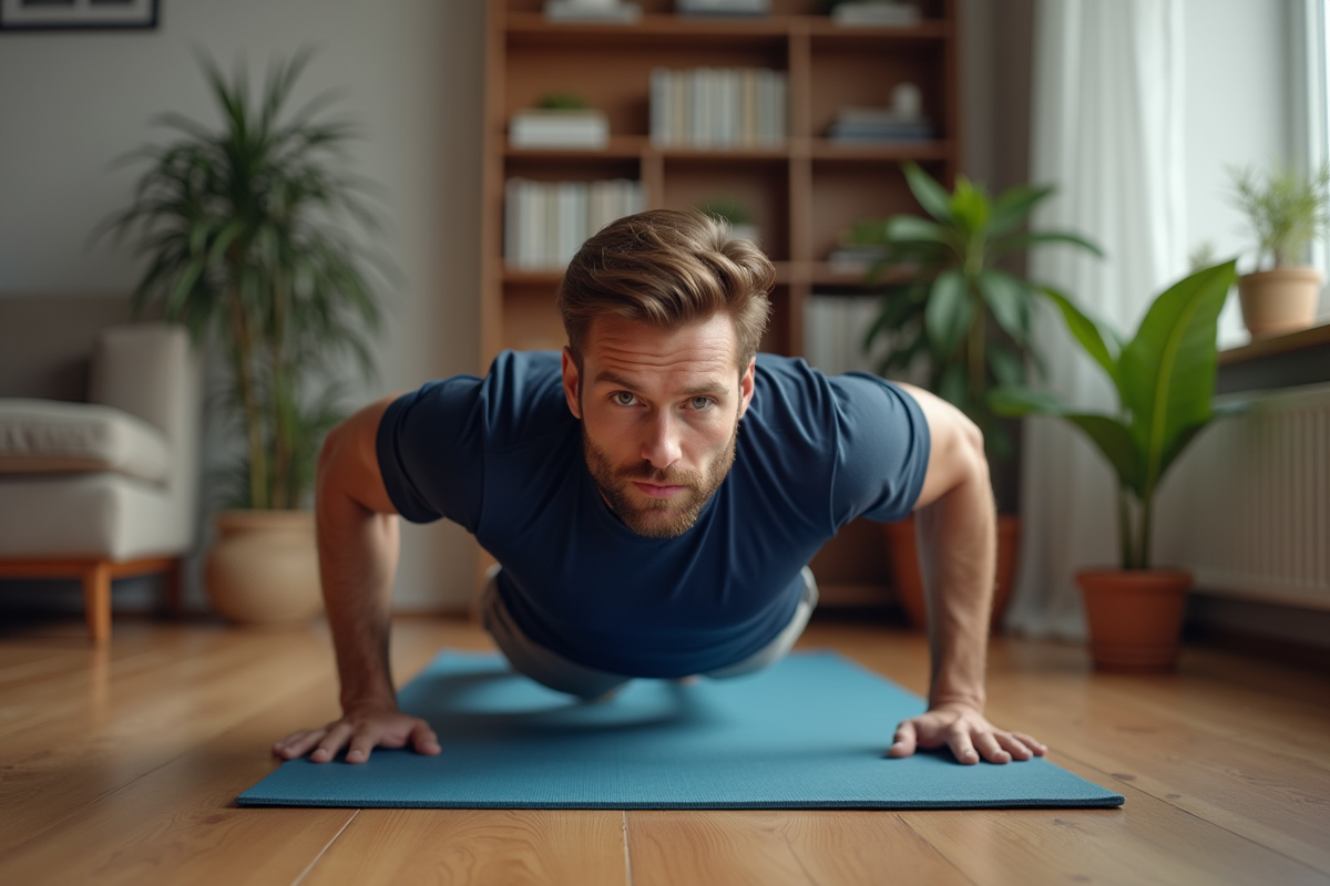 Homme en entraînement à la maison effectuant des pompes