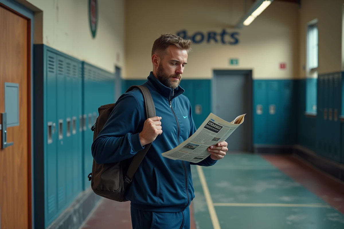 Nouvel arrivant à Amiens consultant la gazette sportive locale à l'entrée d'une salle de sport