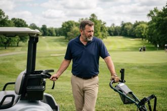 Homme d'âge moyen comparant un chariot électrique et manuel de golf