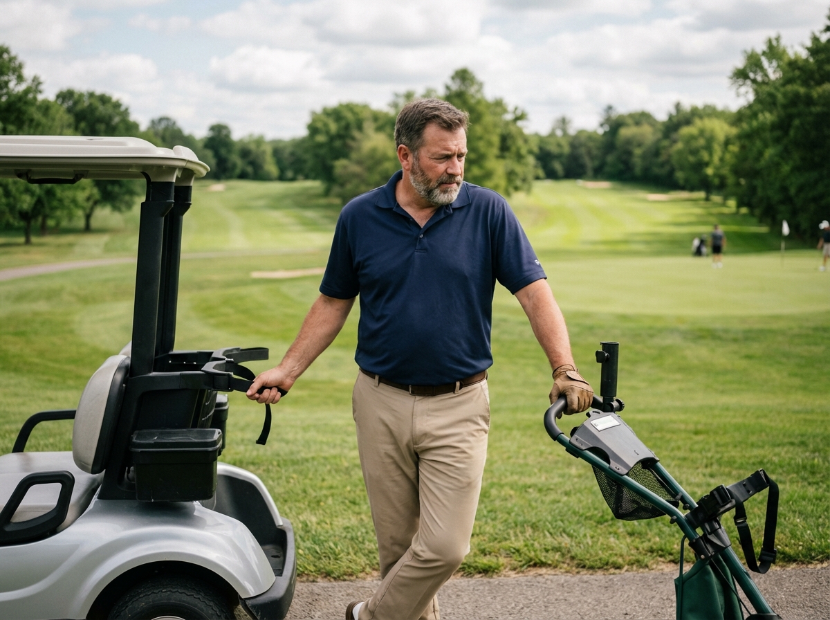Homme d'âge moyen comparant un chariot électrique et manuel de golf