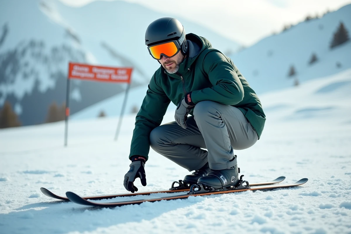 Homme adulte inspectant les fixations d'une patinette ski sur une piste débutant avant utilisation
