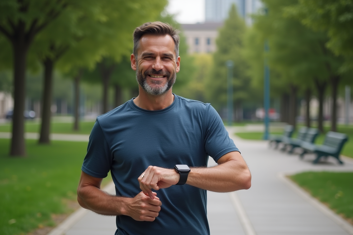 Homme vérifiant sa capsule de carnitine après jogging dans un parc