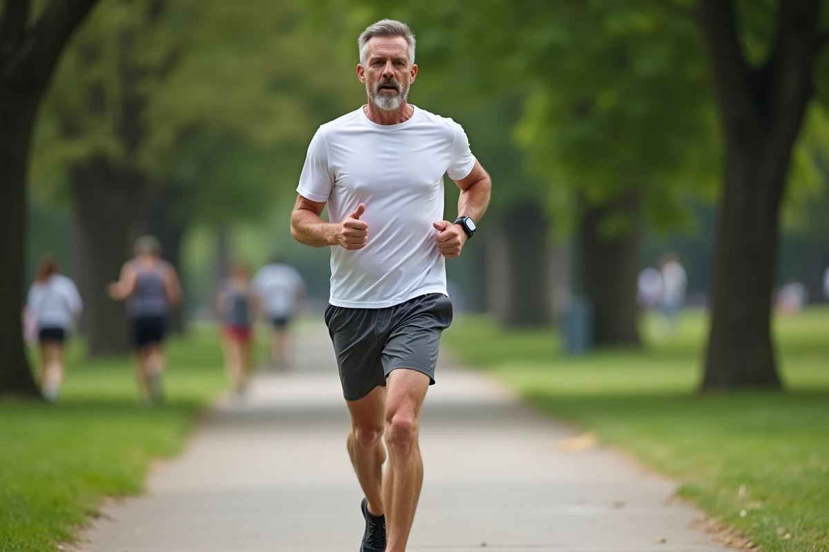 Homme faisant du jogging dans un parc illustrant l'équivalent en effort de 7500 pas par rapport à la course à pied