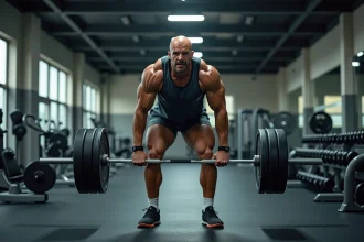 Homme musclé en salle de sport soulevant une barre