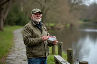 Homme d'âge moyen tenant sa carte de pêche près d'une rivière