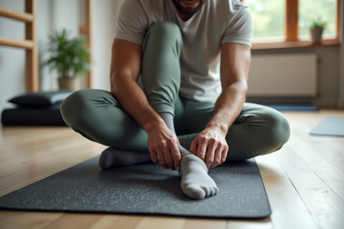 Homme en studio de pilates mettant ses chaussettes de sport