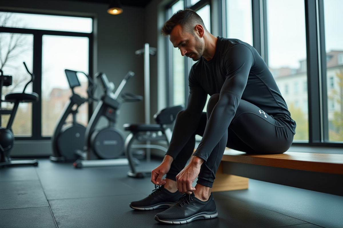 Homme en train de lacer ses chaussures dans une salle de sport