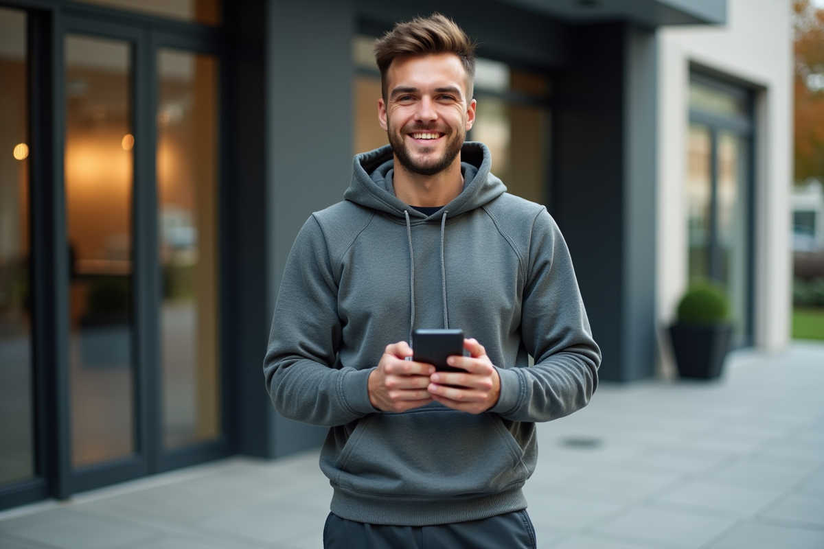 Homme souriant avec smartphone devant la salle de sport