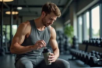 Jeune homme en salle de sport préparant sa boisson protéinée